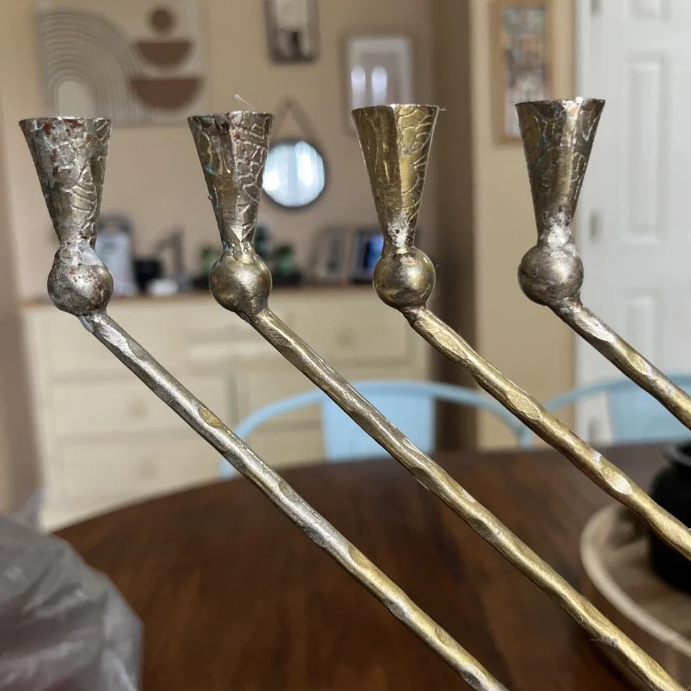 Metal Menorah With Snowflake Decor Hanukkah Brutalist Marble Wood Base See Photo